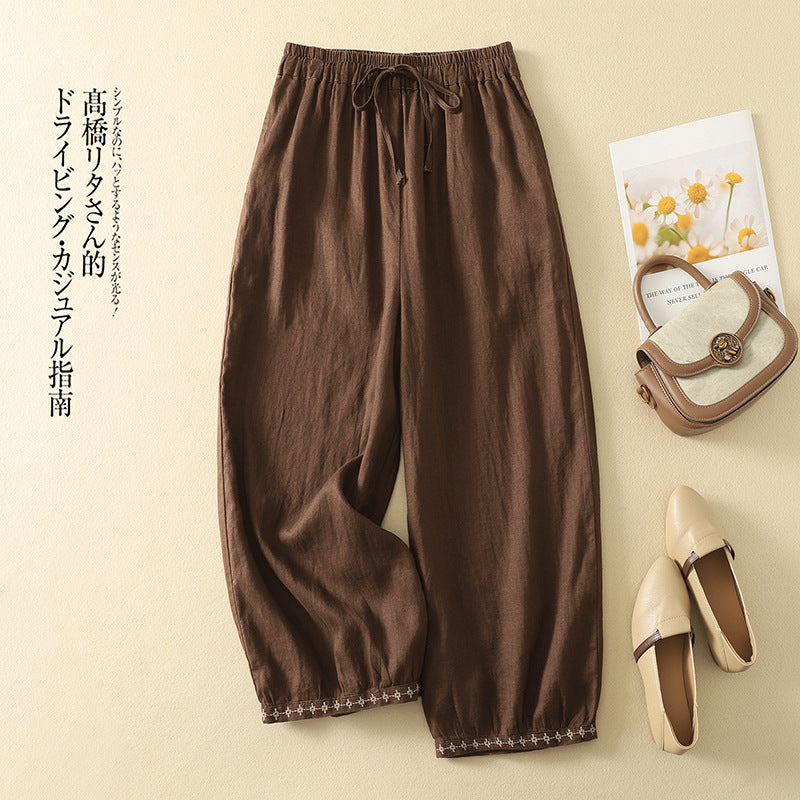 Real shot 2025 summer new cotton and linen retro literary and artistic embroidered bloomers women's lace-up elastic waist loose casual pants