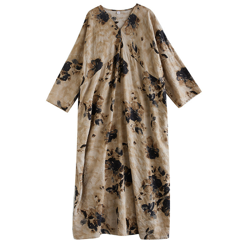 Real shot 2025 autumn new French long-sleeved sunscreen v-neck thin cotton and linen printing loose and thin dress women