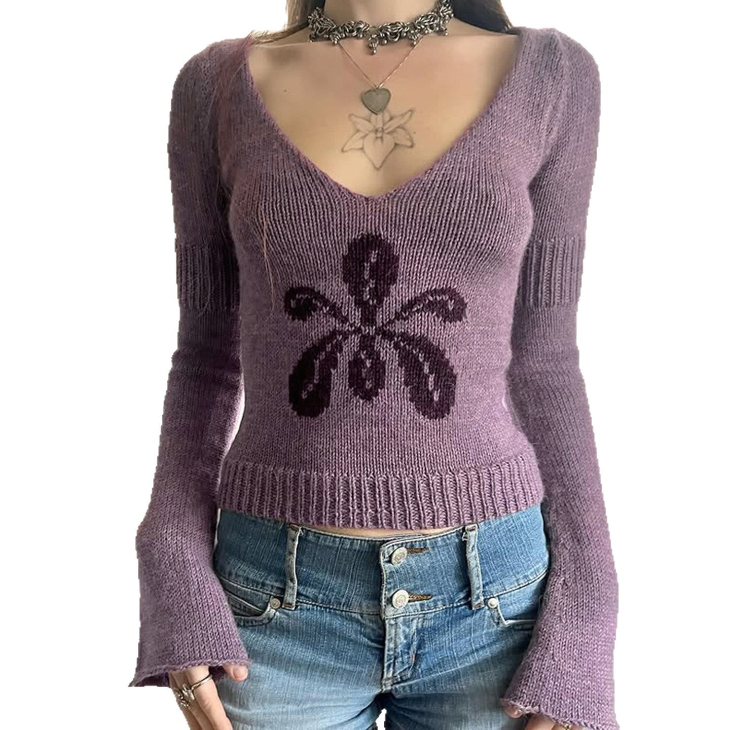 European and American foreign trade flower jacquard pattern V-neck sweater retro autumn fashion temperament casual version long-sleeved sweater