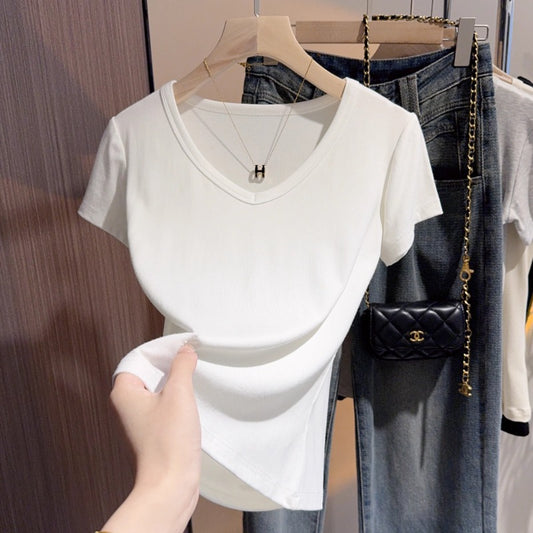 Threaded v-neck t-shirt women's short-sleeved front shoulder thin summer new high-end bottoming shirt collarbone temperament chic top