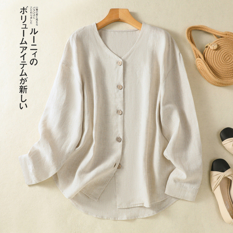 Real shot 2025 spring new literary loose solid color V-neck long-sleeved shirt women's shirt top #5859