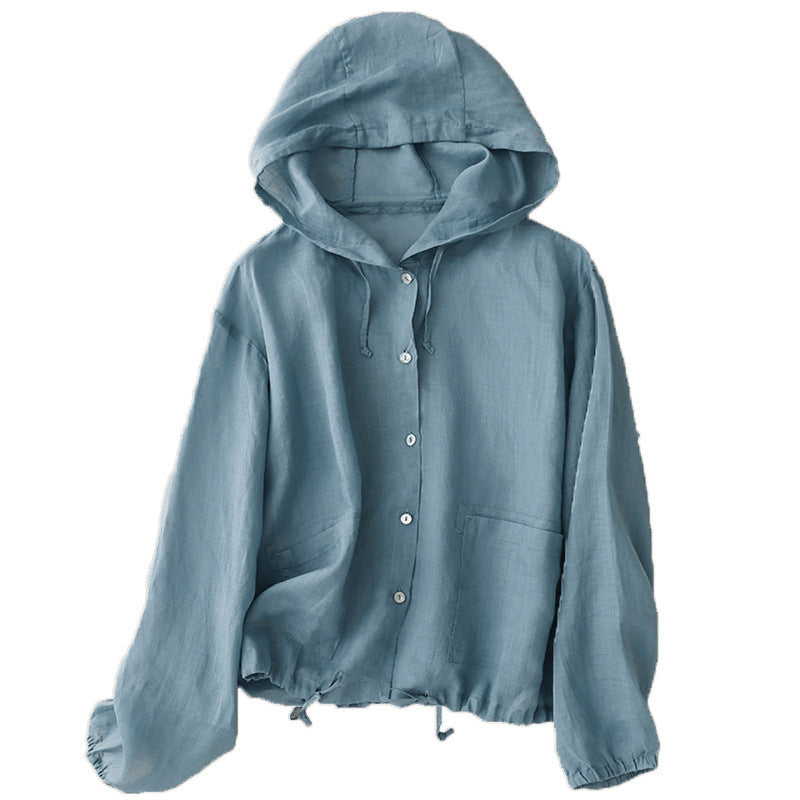 Real shot 2025 summer cotton and linen large size hooded loose long sleeve breathable sunscreen jacket air conditioner shirt women's clothing