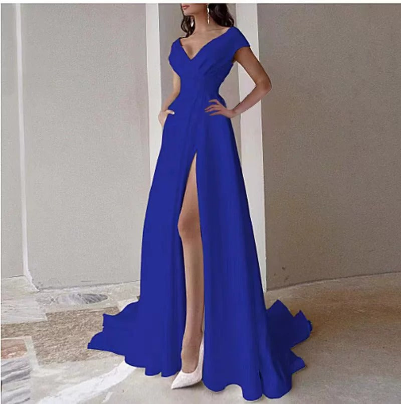 2025 spring and summer cross-border chest wrap V-neck ruffle edge mid-waist solid color temperament commuter dress evening dress