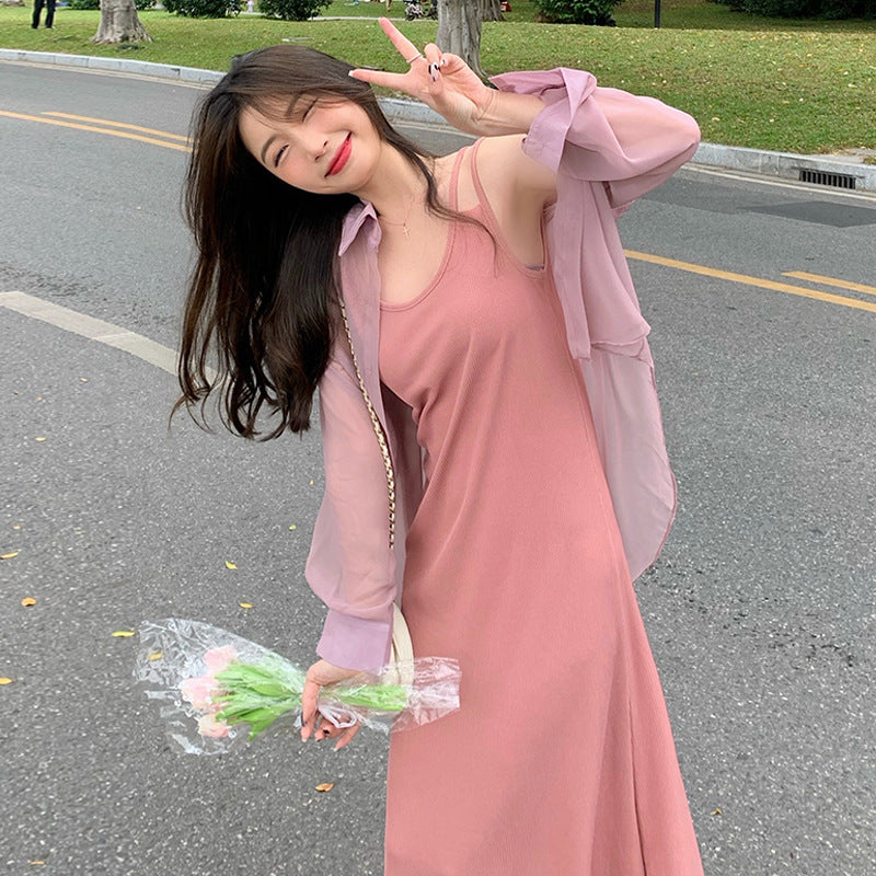 High-end design double shoulder suspender dress women's summer 2026 new loose and thin inner knee vest long dress