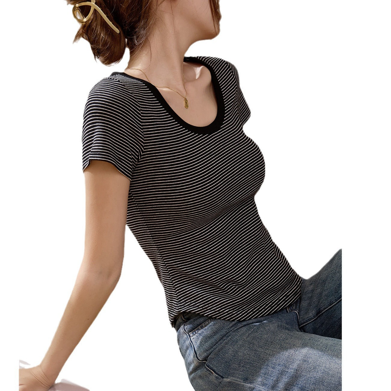 [High quality] Pure cotton striped short-sleeved T-shirt women's summer arc 2026 new round neck thin bottoming top