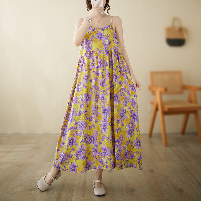 In the summer of 2024, the new literary and retro pastoral fairy beach dress pullover sleeveless suspender dress women