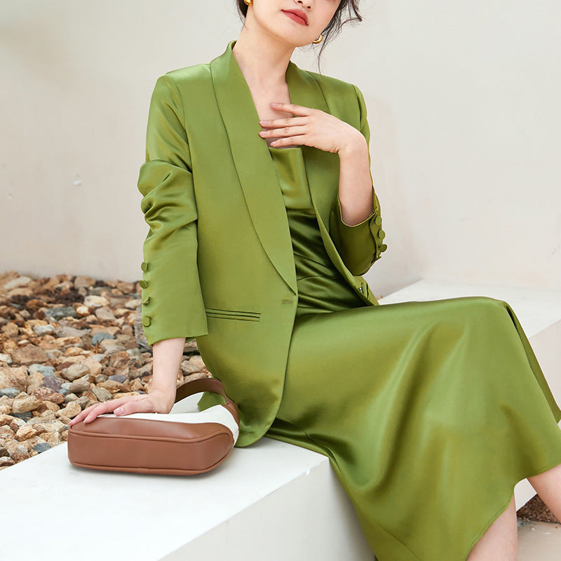 Haute couture imported acetic acid fried street temperament high sense fashion suit acetic acid satin pearlescent suit + dress