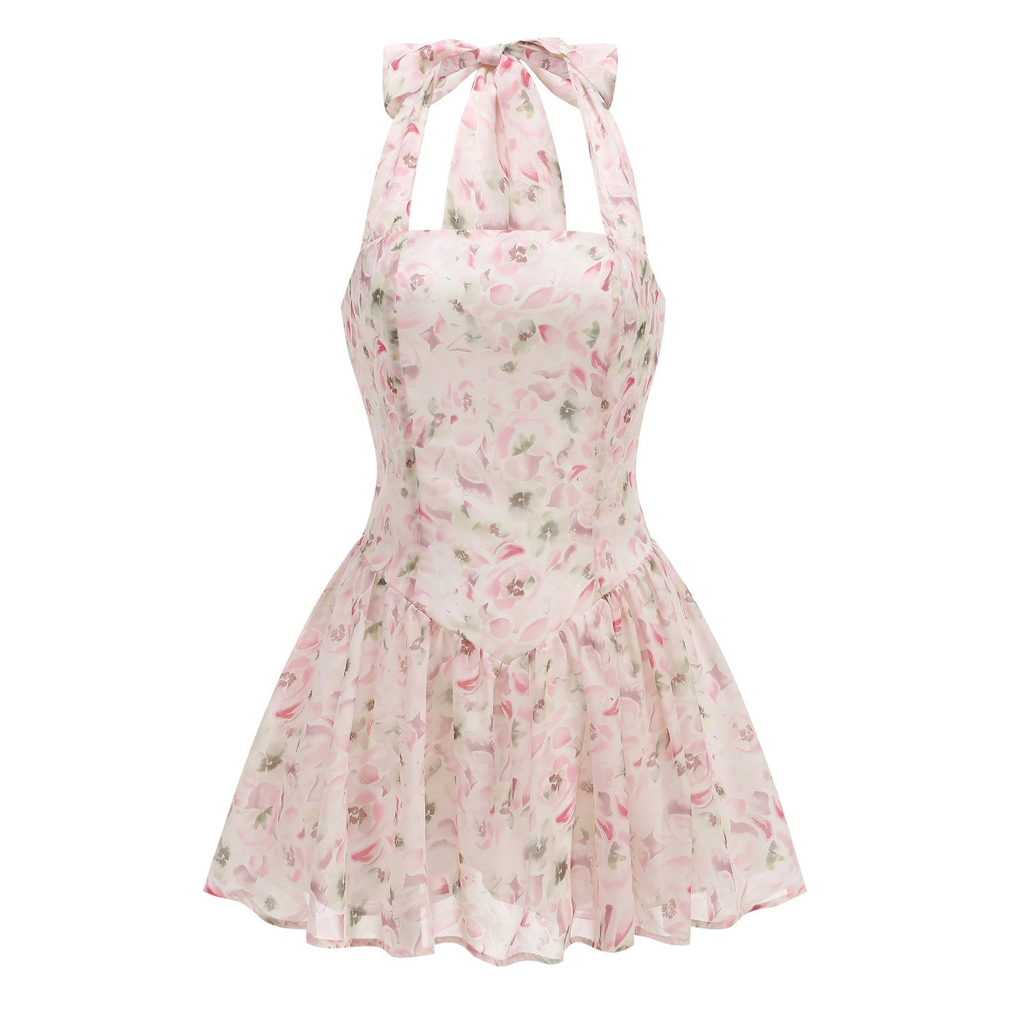 Cross-border European and American vacation beach wind sweet design sense neck summer floral fish bone waist dress women's short skirt