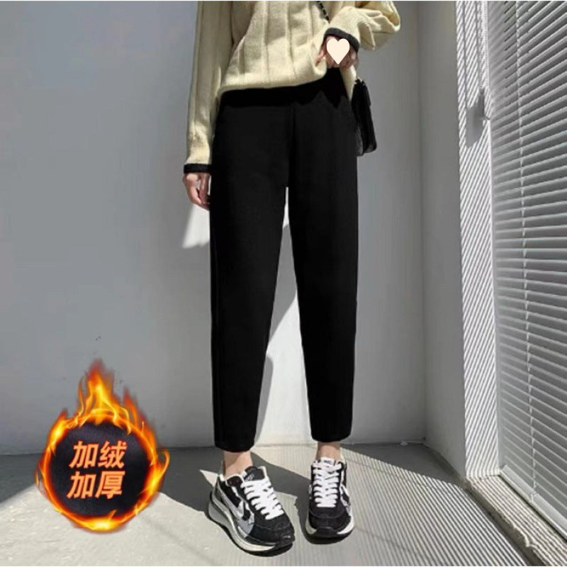 Off-white casual pants women's 2025 new autumn and winter high-waisted velvet fat mm radish pants are thin Harlan grandma pants