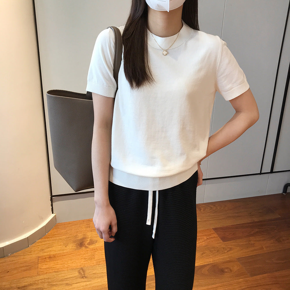 Too great value ~ Nordic niche! Simple and stylish, basic half-height round neck, slimming solid color short-sleeved knitted T-shirt