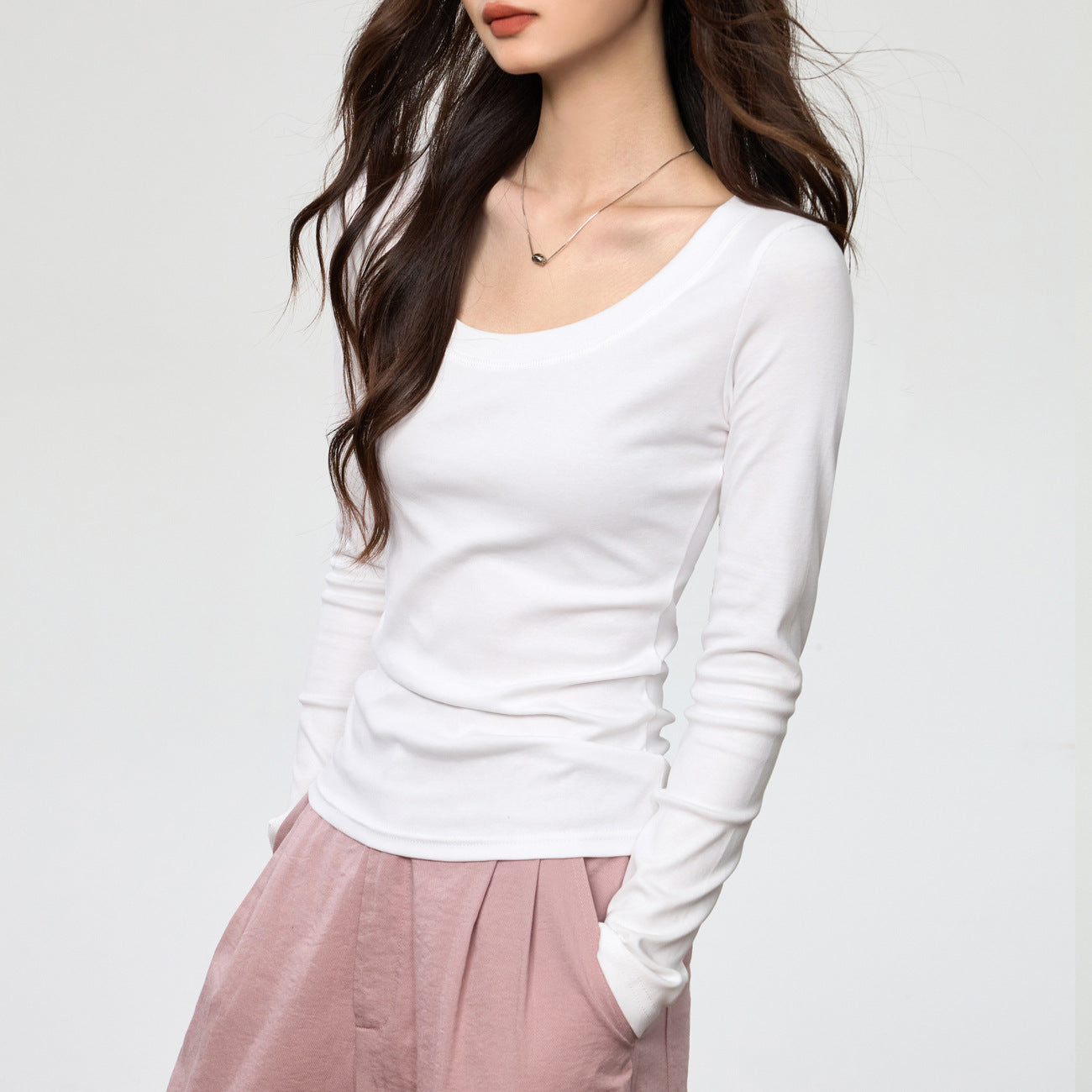 精梳纯棉打底衫女秋新款洋气U领长袖t恤修身百搭简约纯色内搭上衣