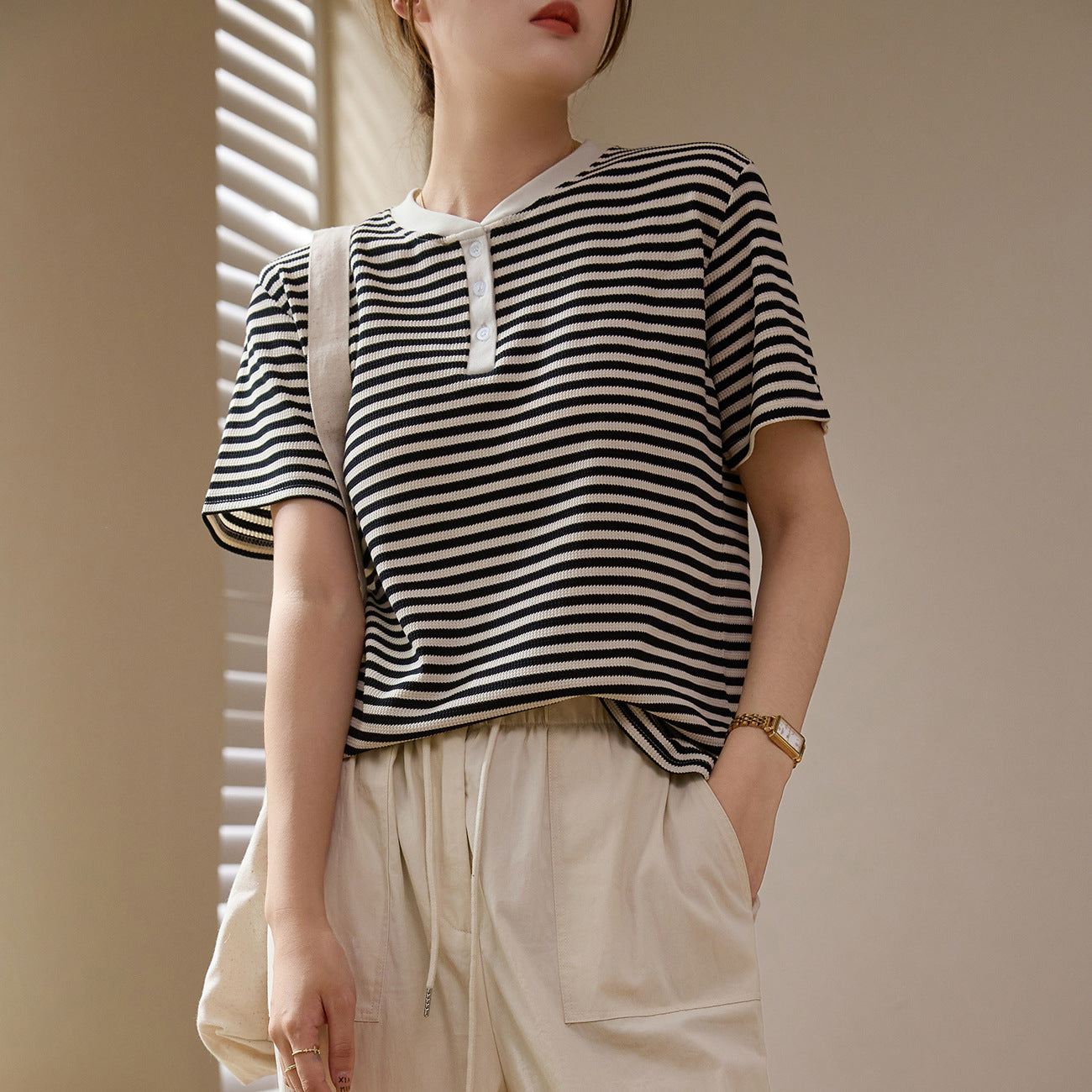 [High quality] Striped T-shirt women's summer wear 2026 new loose straight button pure cotton short-sleeved body shirt