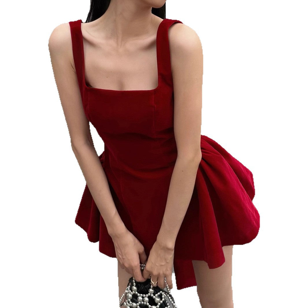 2025 spring new French red suspender design sense halter bow tutu skirt girl versatile waist skirt