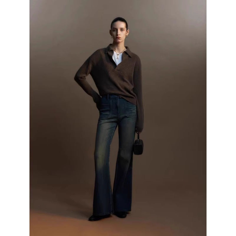 Autumn and winter gray base V-neck small lapel wool sweater women's loose high-end knitted sweater with long-sleeved top