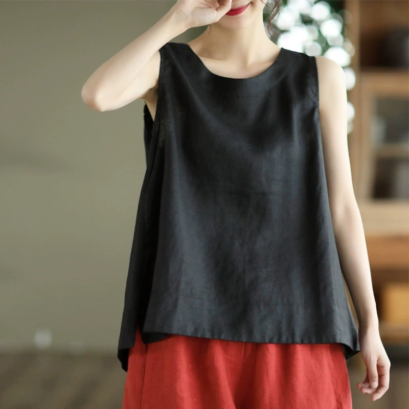 Summer 2024 New Literary Loose Solid Color Crew Neck Sleeveless Vest Women's Top #3702