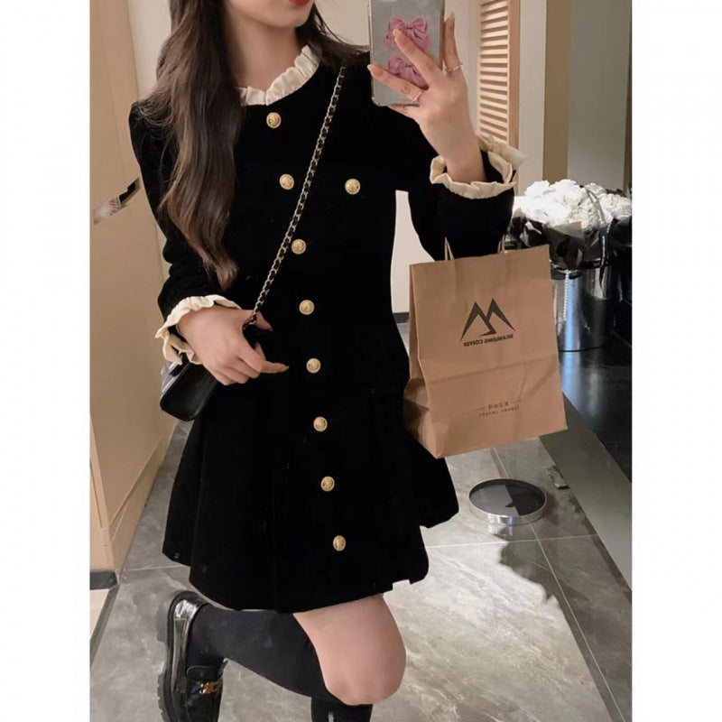 French velvet dress women's long-sleeved small black dress 2025 autumn and winter new single-breasted design waist and thin temperament