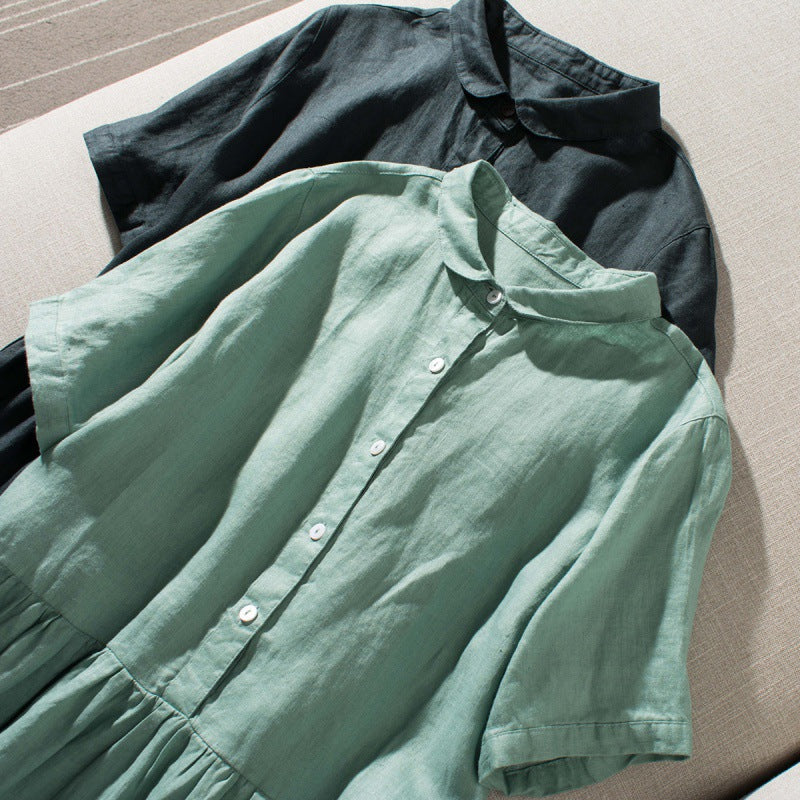 Real shot 2025 summer new literary loose splicing solid color cotton and linen short-sleeved dress women's medium and long 8690 #