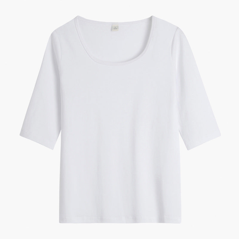 White cotton semi-turtleneck five-quarter-sleeved T-shirt women's medium-sleeved belly-covering bottoming shirt slim-fitting top temperament commuting