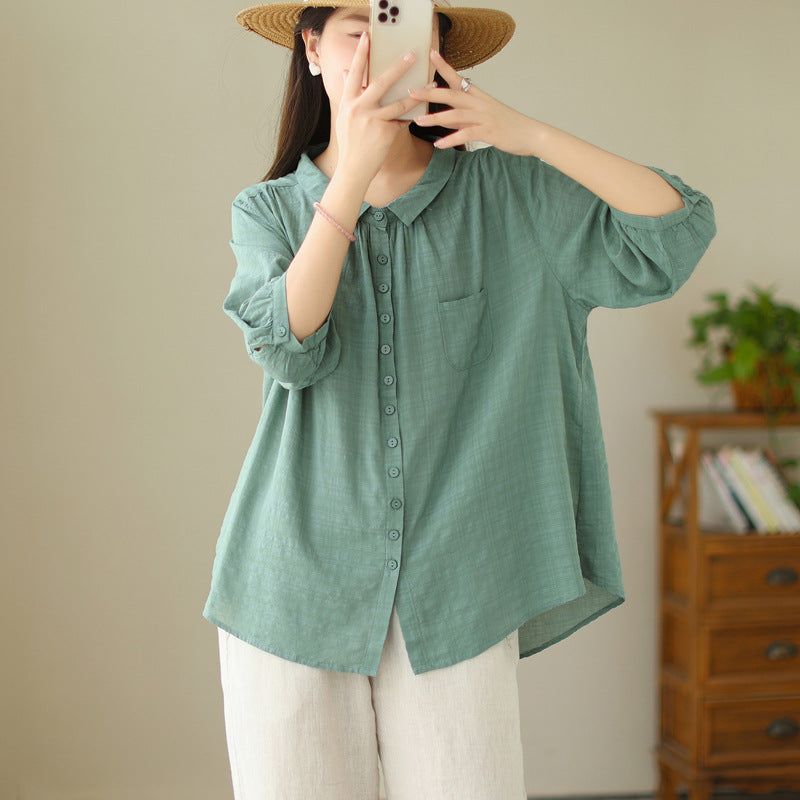 Real shot 2025 summer new large size solid color four-eye buckle retro literary loose and thin shirt top women
