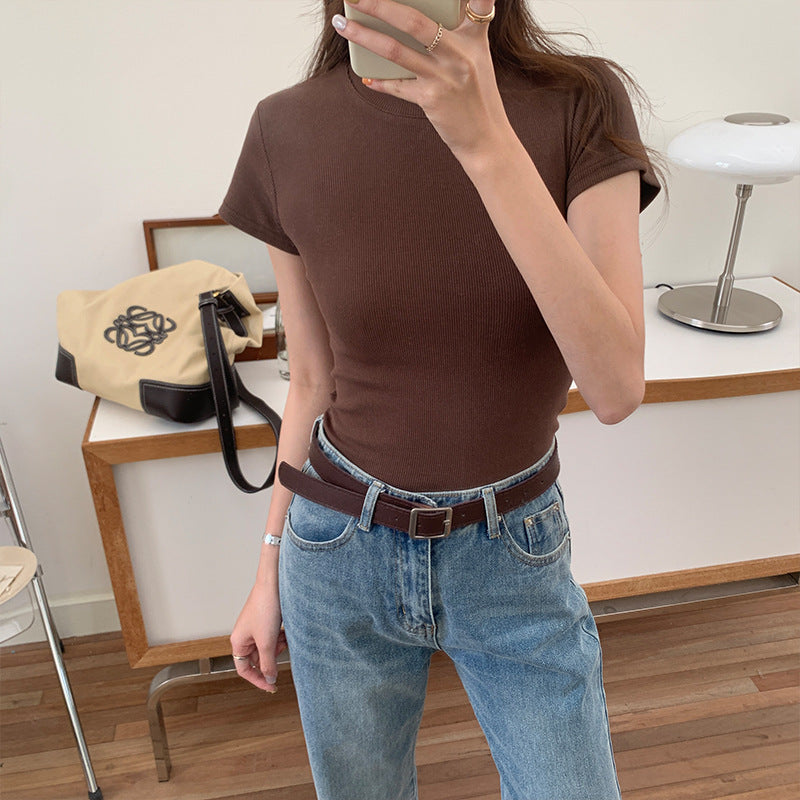 2026 Summer New Selection High Elastic Threaded Cotton Front Shoulder Crew Neck Slim Skinny Short Sleeve T-Shirt Women's Top