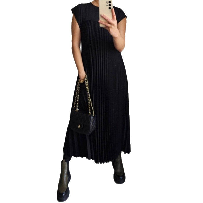 2025 new holiday style Amazon cross-border fashion round neck sleeveless pleated dress women's long dress