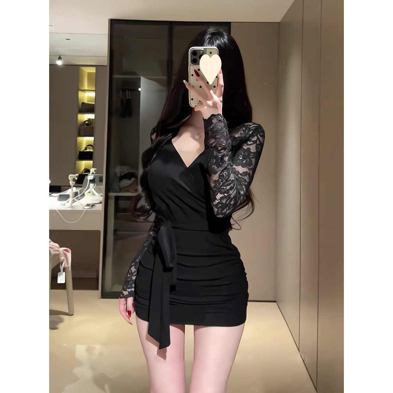 Black temperament, V-neck long sleeves, inner dress, women's spring hot girl, slimming slimming lace hip-hugging short skirt