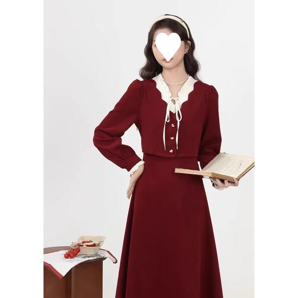 Autumn and winter new Christmas New Year's Eve New Year's robe slightly fat temperament thin fake two French red dresses