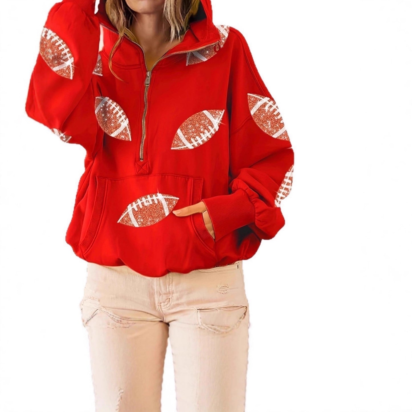 2025 Amazon Independent Station sequined splicing hooded sweater European and American women's clothing zipper drawstring long-sleeved top spot