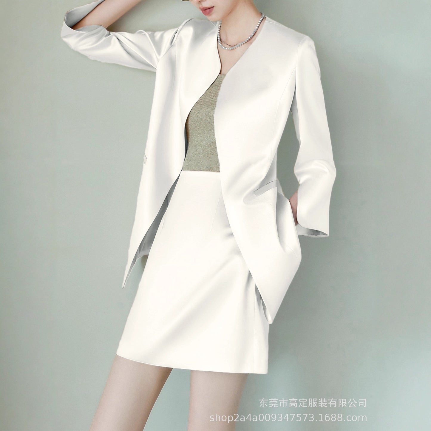 High-end quiet luxury suit Selection of high-end imported acetate draped glossy up-to-tailoring collarless suit/skirt