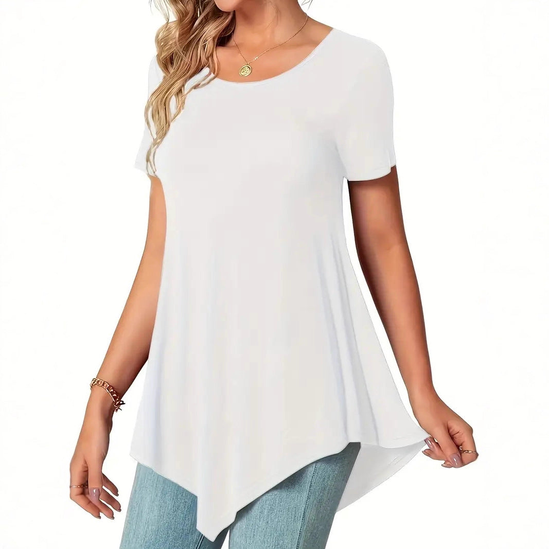 2025 Amazon popular European and American large size loose crew neck top irregular hem women's short-sleeved T-shirt