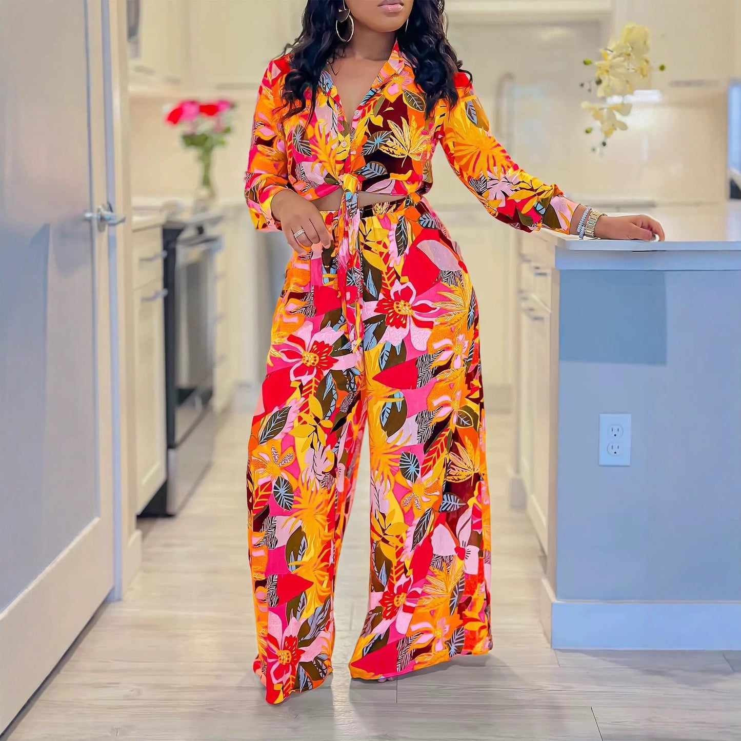 2025 foreign trade women's clothing Amazon's new fashion printing two-piece set lapel strap shirt wide-leg pants set