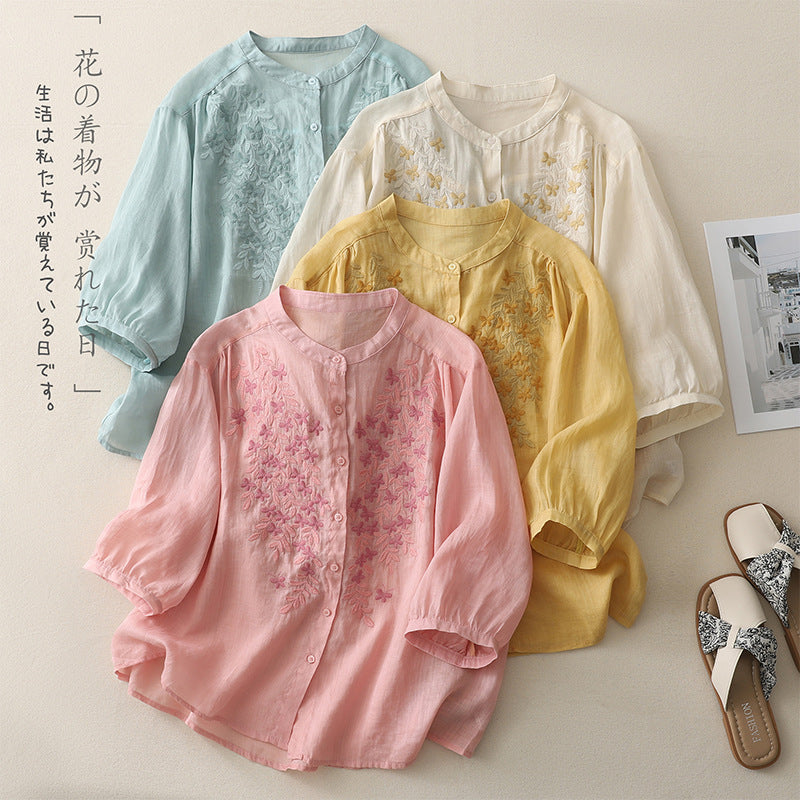 Real shot 2025 summer new cotton and linen ethnic style embroidered shirt single-breasted cardigan top women