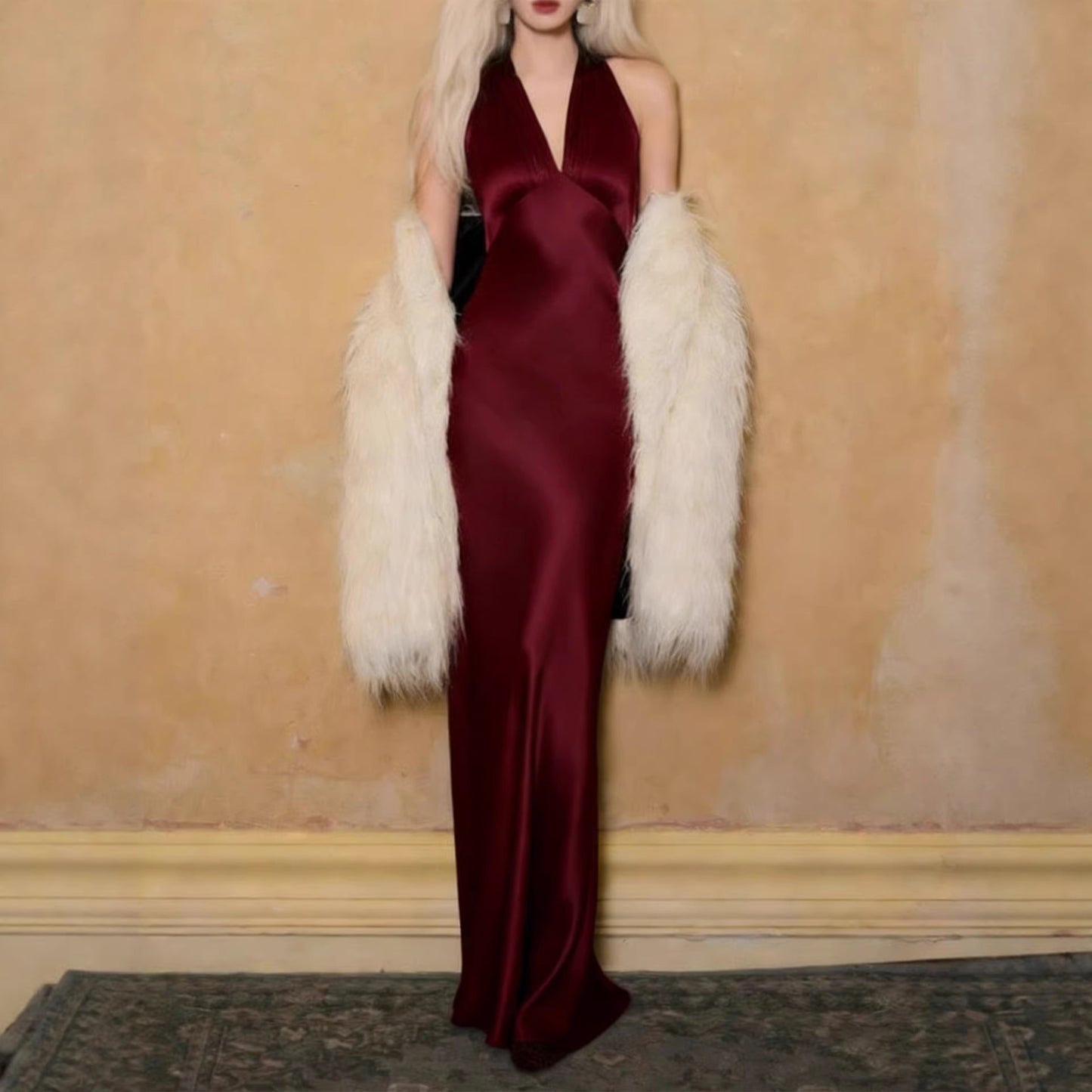 Haute couture Gulinazar with acetic acid design feeling thousand gold feeling seaside vacation banquet wedding deep V dress