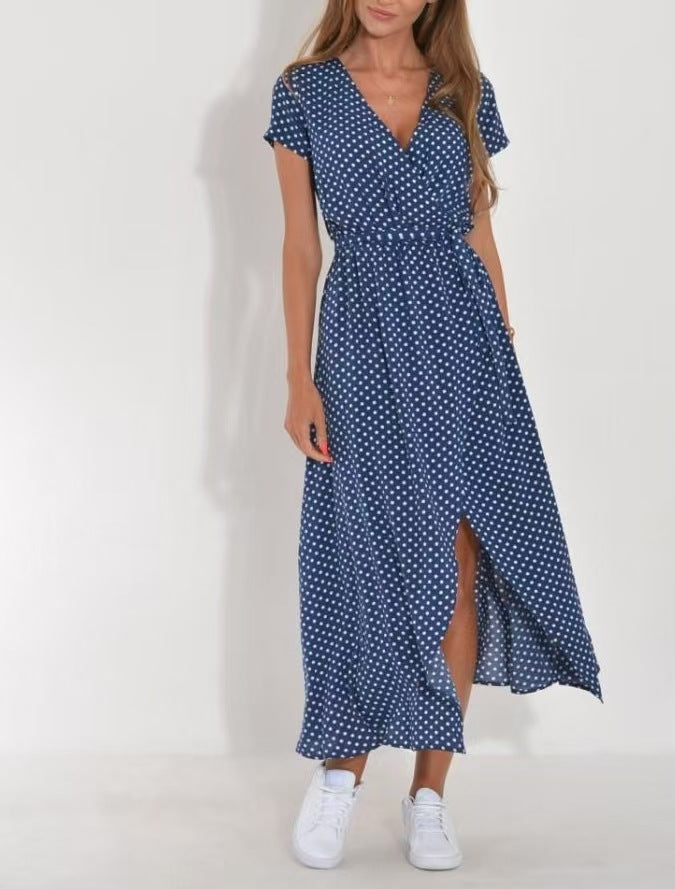 European and American cross-border Amazon printed dress 2025 summer cross-border V-neck split fork medium and long group foreign trade women's clothing