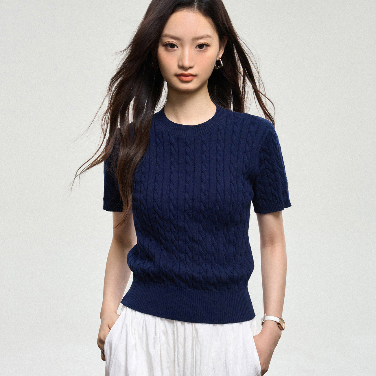 100% cotton knitted sweater women's summer new temperament high-end sense thin twist thin short-sleeved crew neck top thin