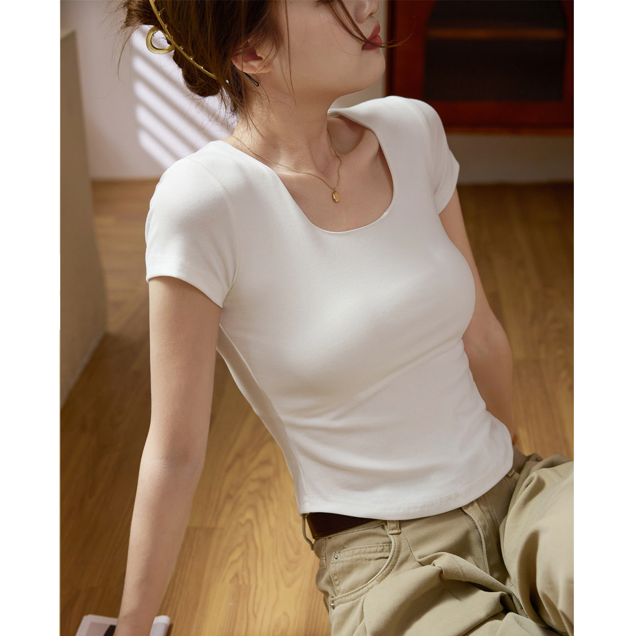 #Quality to make high-quality #Double-layer chest-showing pure cotton T-shirt women's short-sleeved U-neck 2026 summer new curved high-waisted short top