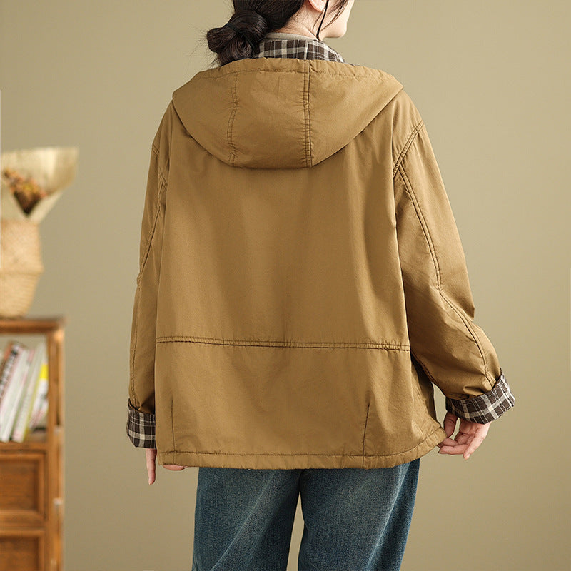 Real shot 2025 winter retro cotton trench coat double-layer jacket inner plaid hooded cotton-padded jacket warm cotton-padded jacket