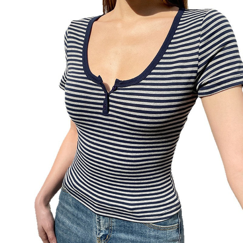 Love cloth forget slanted shoulder striped light and slim long-sleeved T-shirt sexy off-shoulder simple versatile and thin casual top