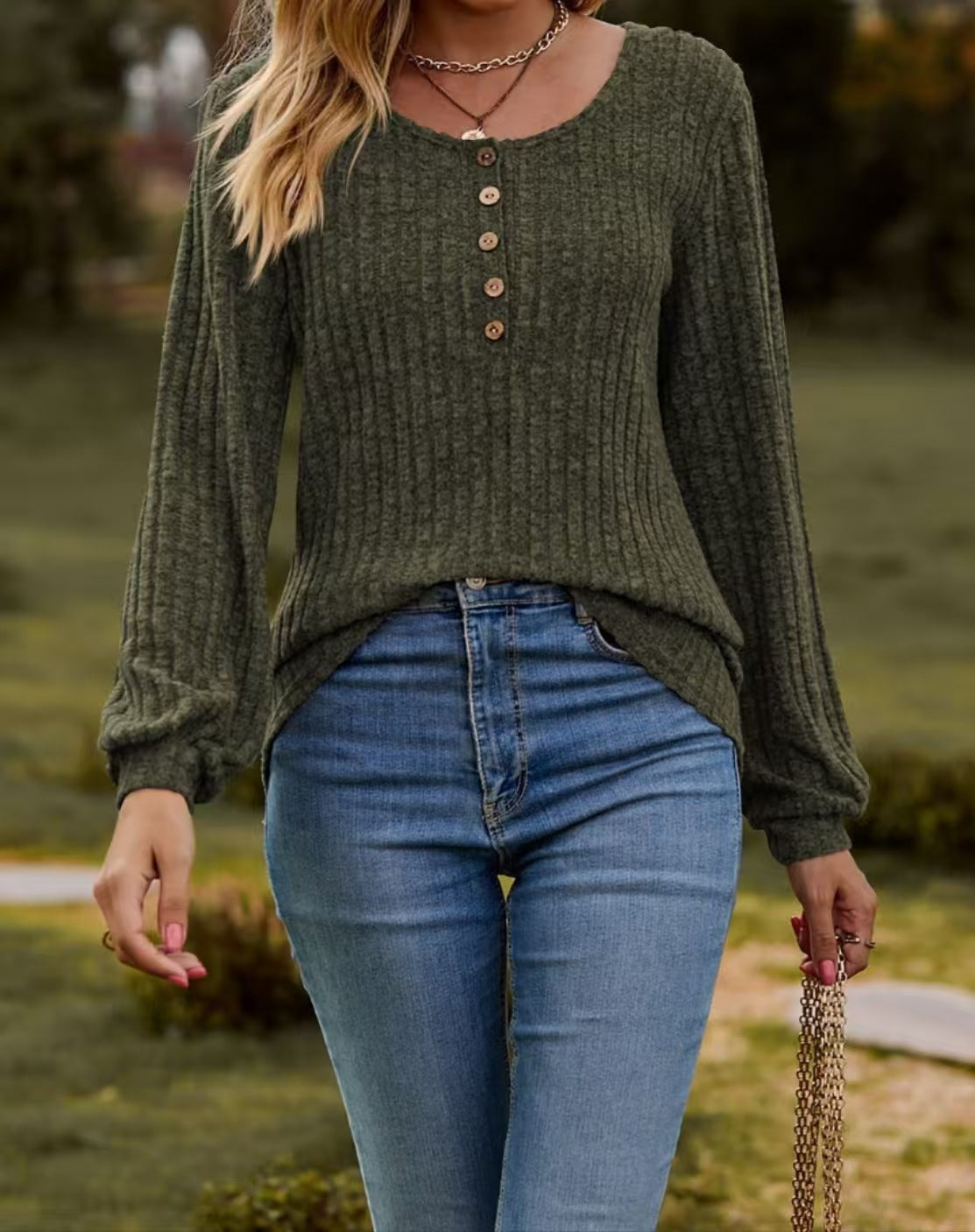 Spot cross-border new women's clothing Amazon women's round neck pit strip polished solid color button splicing long-sleeved T-shirt