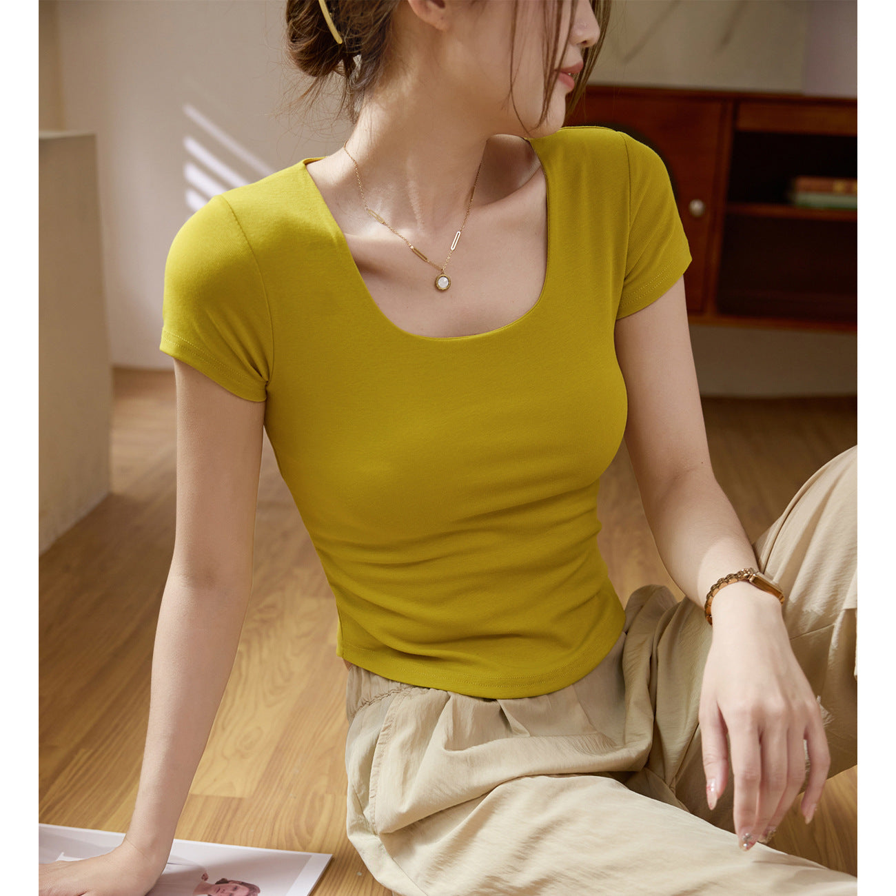 #Quality to make high-quality #Double-layer chest-showing pure cotton T-shirt women's short-sleeved U-neck 2026 summer new curved high-waisted short top