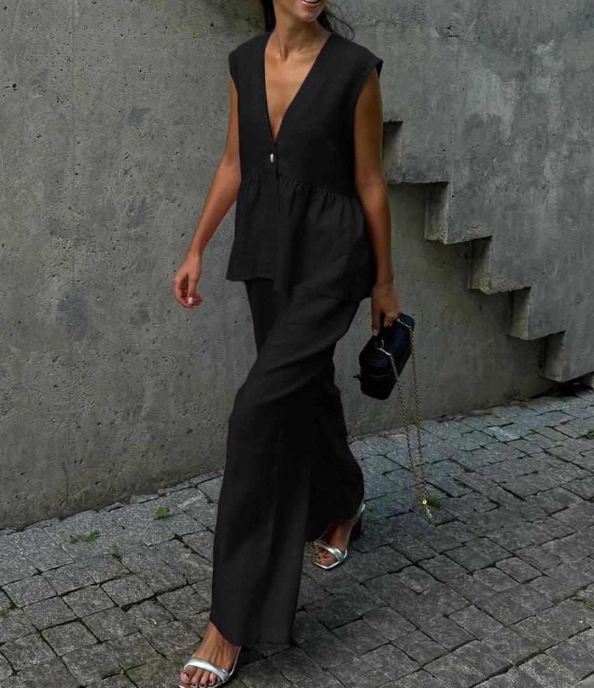 2025 cotton V-neck sleeveless top vest trousers set women's European and American new solid color temperament commuter two-piece set