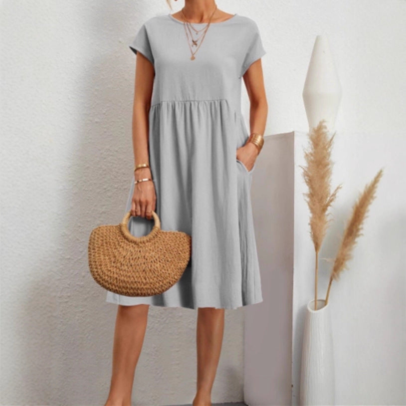 Amazon 2024 summer cross-border supply OL temperament women's clothing cotton round neck A-shaped skirt dress manufacturer wholesale women