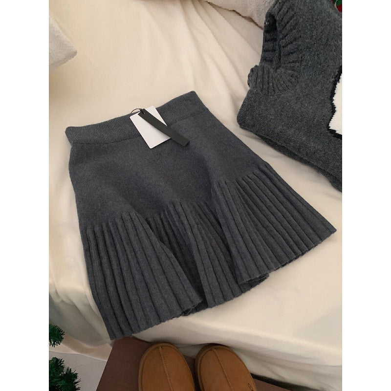 Strongly recommended! High waist and thin pleated short skirt women's autumn temperament elastic waist versatile hip wrap A-shaped skirt