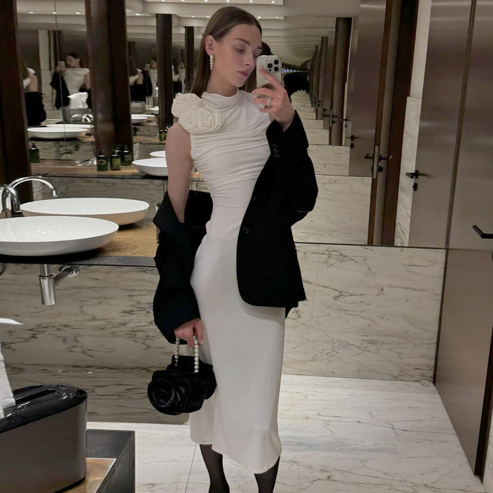 New long dress pleated three-dimensional flower design hip dress split white temperament short-sleeved dress sexy