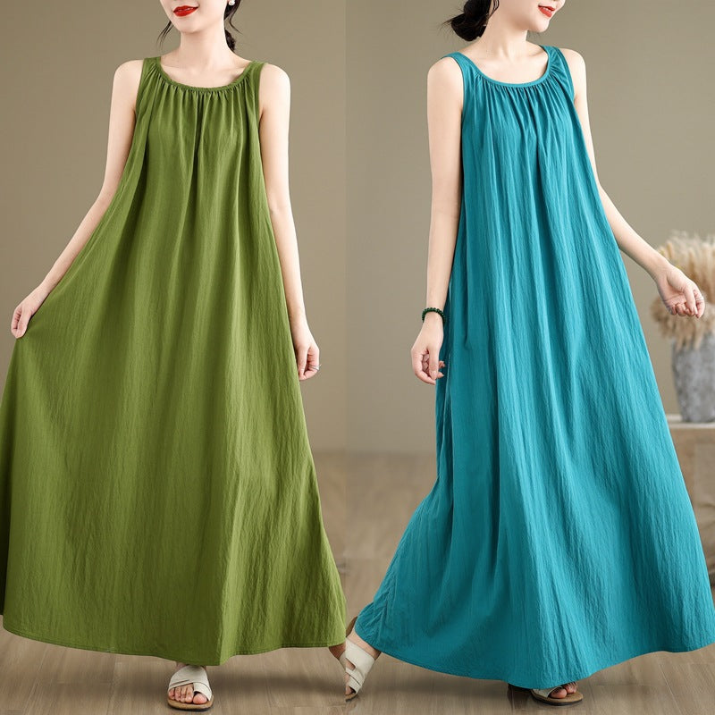 2025 summer new literary and retro loose sleeveless medium and long dress women
