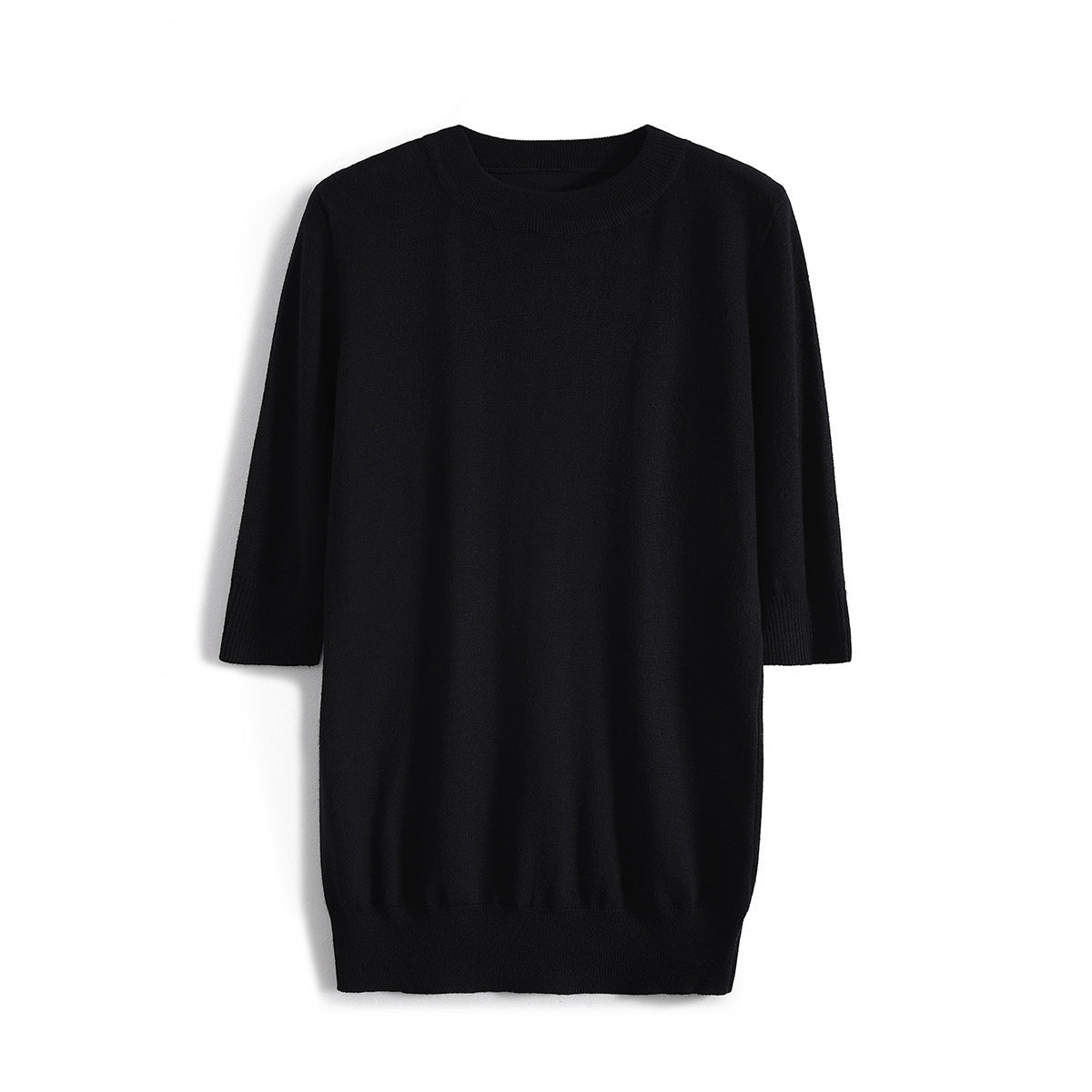 New solid color medium-sleeved temperament intellectual knitted sweater women's clothing 2025 summer half-height round neck five-quarter sleeve loose top