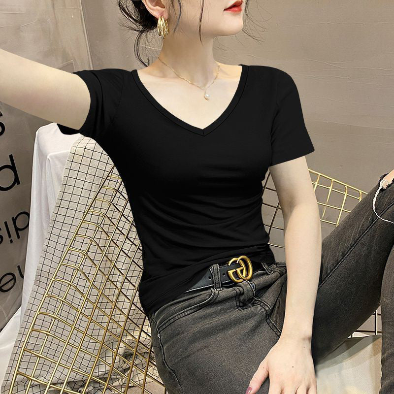 2025 short-sleeved V-neck black T-shirt women's summer new ice silk skin-friendly low-neck slim-fitting and thin bottoming temperament top