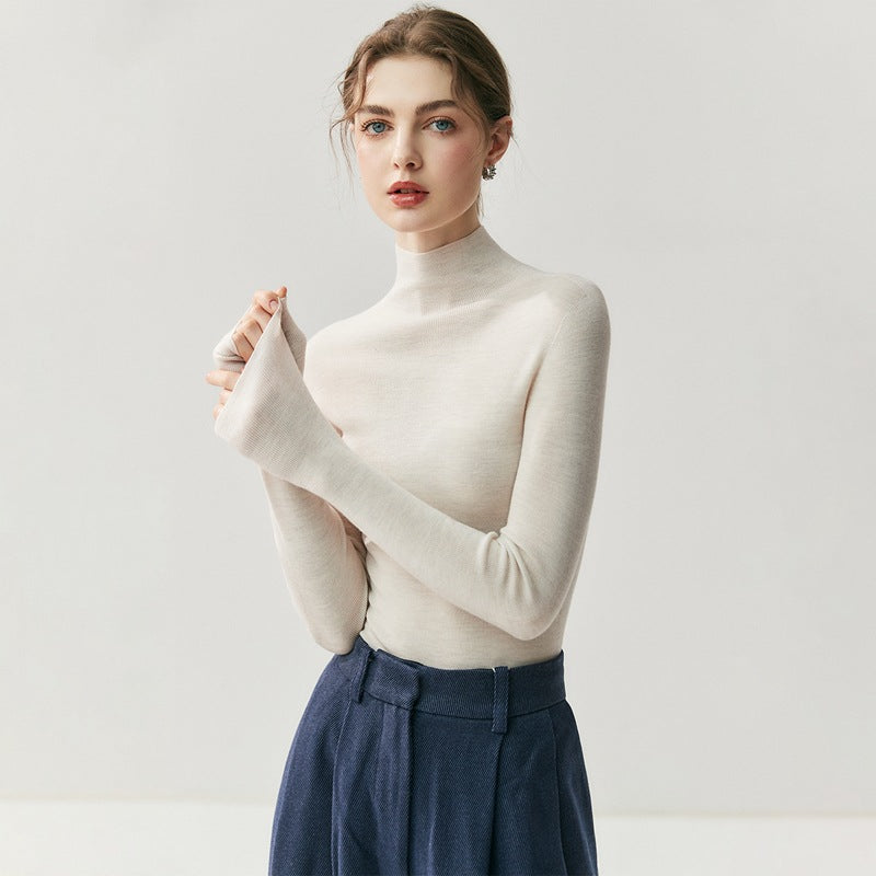 Machine washable Yangtze worsted wool sweater women's thin semi-turtleneck slim-fit sweater autumn and winter high-end knitted bottoming shirt