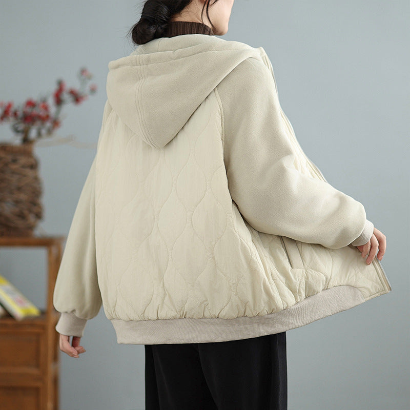 Real shot 2025 autumn and winter new casual simple Korean version thickened warm hooded splicing short jacket women's clothing