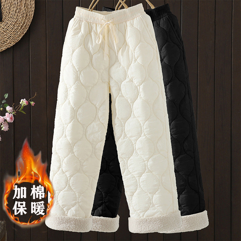 Real shot cotton pants women's autumn and winter 2025 new warm fleece thickened fleece outer wear wide-leg pants